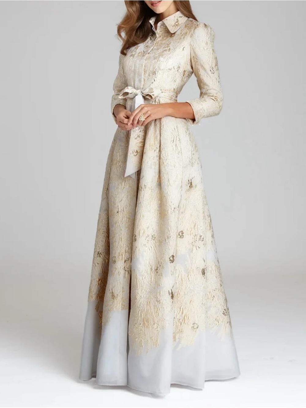TERI JON Rickie Freeman Metallic Gold  Cream Brocade Collared Shirt Gown Dress 6